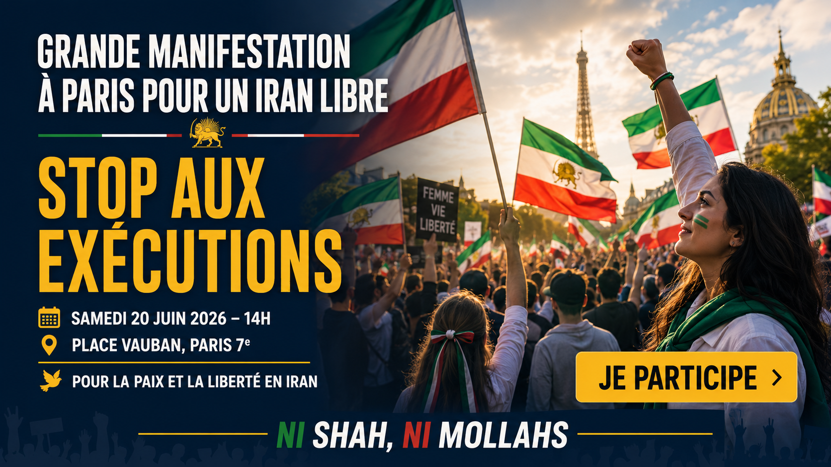 Affiche de la grande manifestation à Paris pour un Iran libre le 20 juin 2026